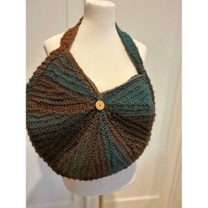 Crocheted Shoulder Bag Boho Artisan Button Detail Teal Brown